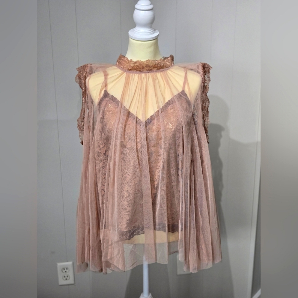 Anthropologie EUC Elegant Lace Sheer Top - Pink